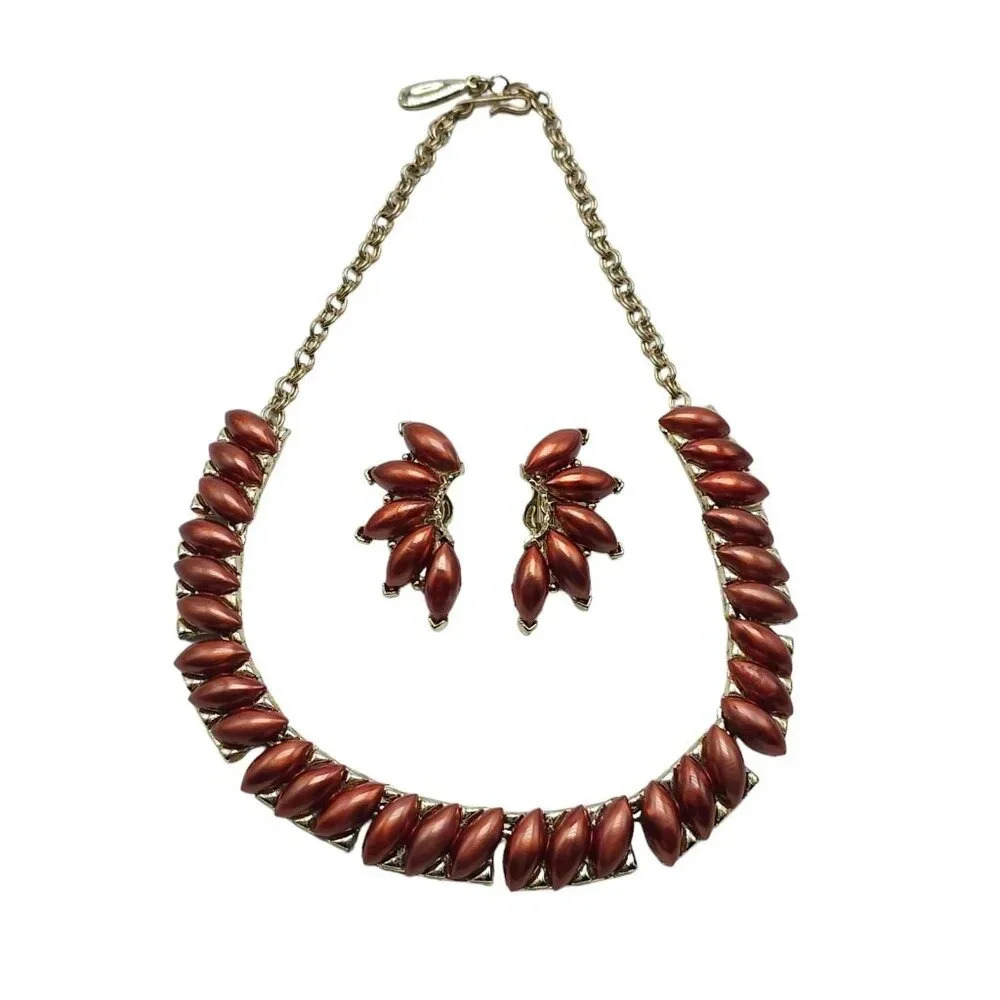 Bronze Thermoset Statement Necklace and Clip-On Earrings Set Gold Tone Vintage